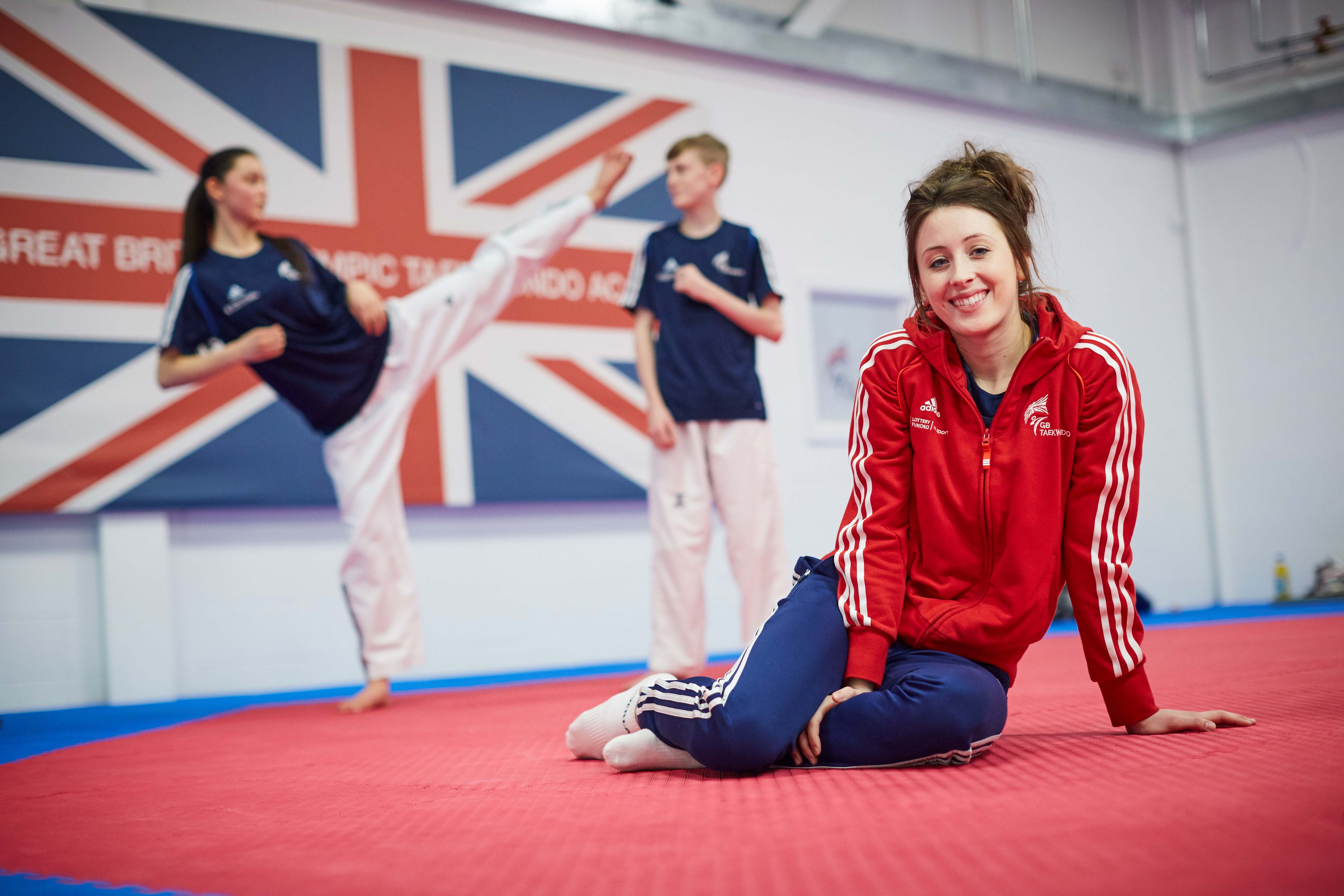 National Taekwondo Centre in Manchester official opening of the new Centre after a £3m transformation. Pictured Jade Jones with Maria Asef 14 from Manchester and Mason Yarrow15 from Doncaster (behind)